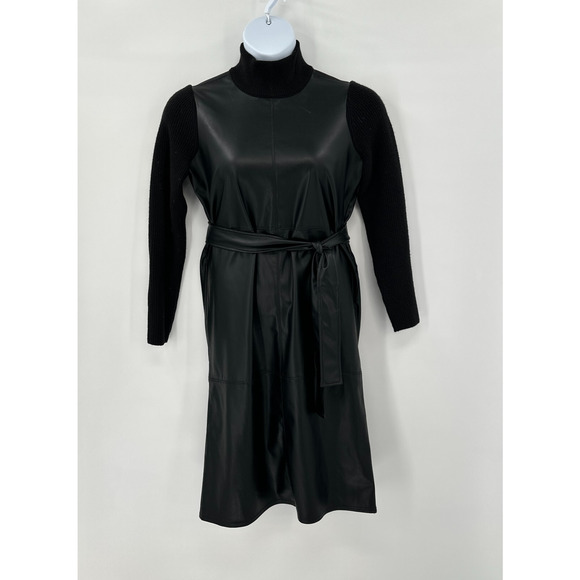 Ann Taylor Petite Faux Leather Knit Dress Medium Mob Wife Turtleneck Belt New - Picture 1 of 10